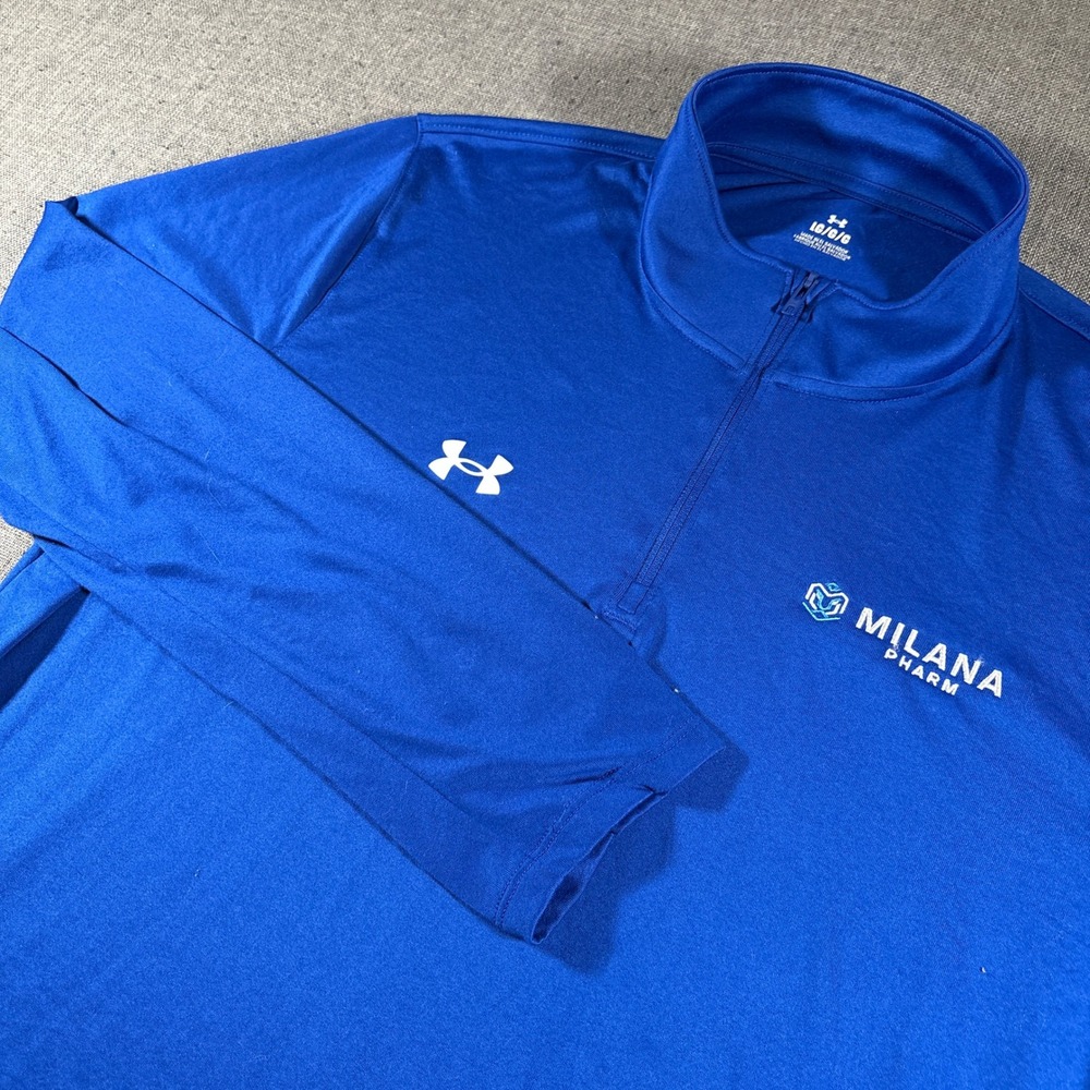 Under Armour Quarter Zip Pullover Mens Large Blue Milana Pharm Logo Athletic Top